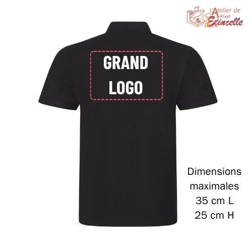 Polo noir, grand logo au dos, 35 × 25 cm maximum